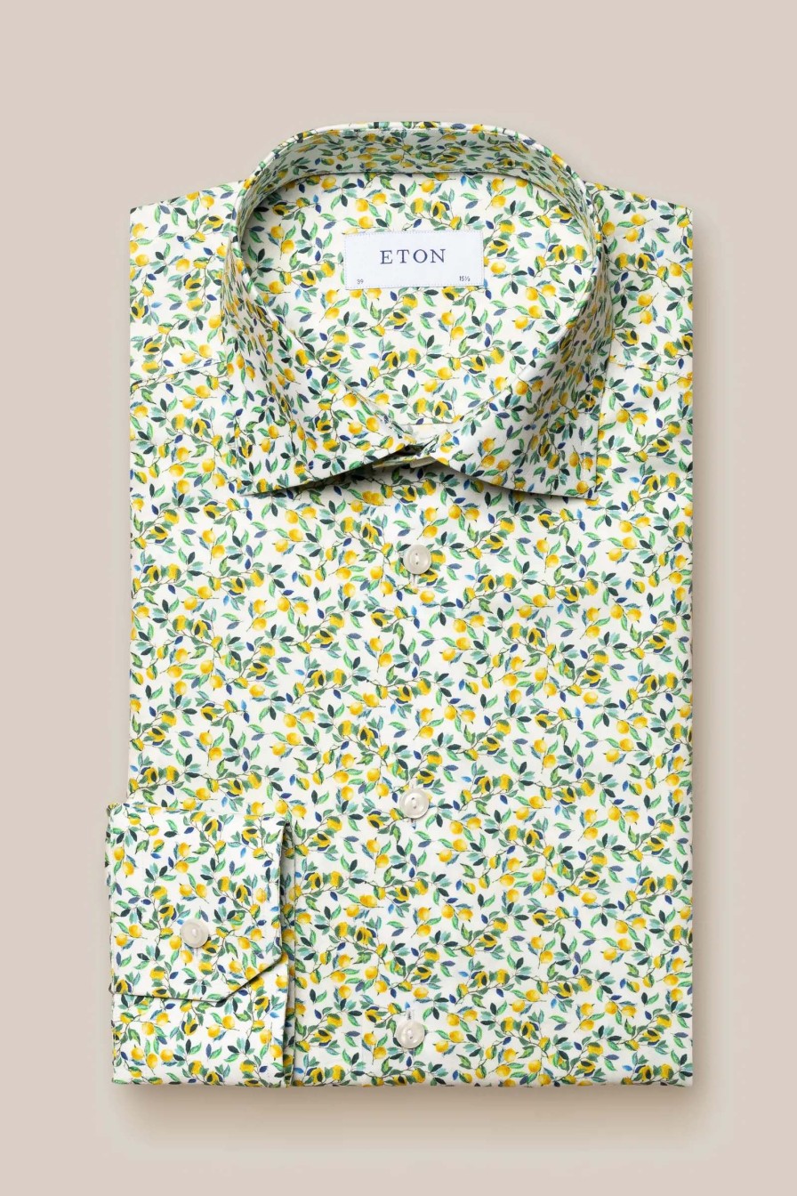 Mann Eton Penskjorter | Slim Yellow Lemon Print Signature Twill Shirt Slim,Gul Monster