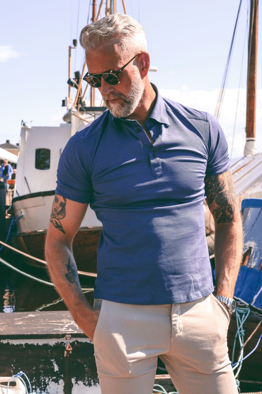 Mann Eton Skjorter | Blue Polo Shirt In Oxford Pique – Short Sleeve,Mork Bla