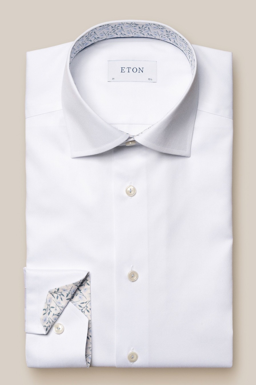 Mann Eton Penskjorter | Contemporary White Signature Twill Shirt Floral Contrast Details,Hvit