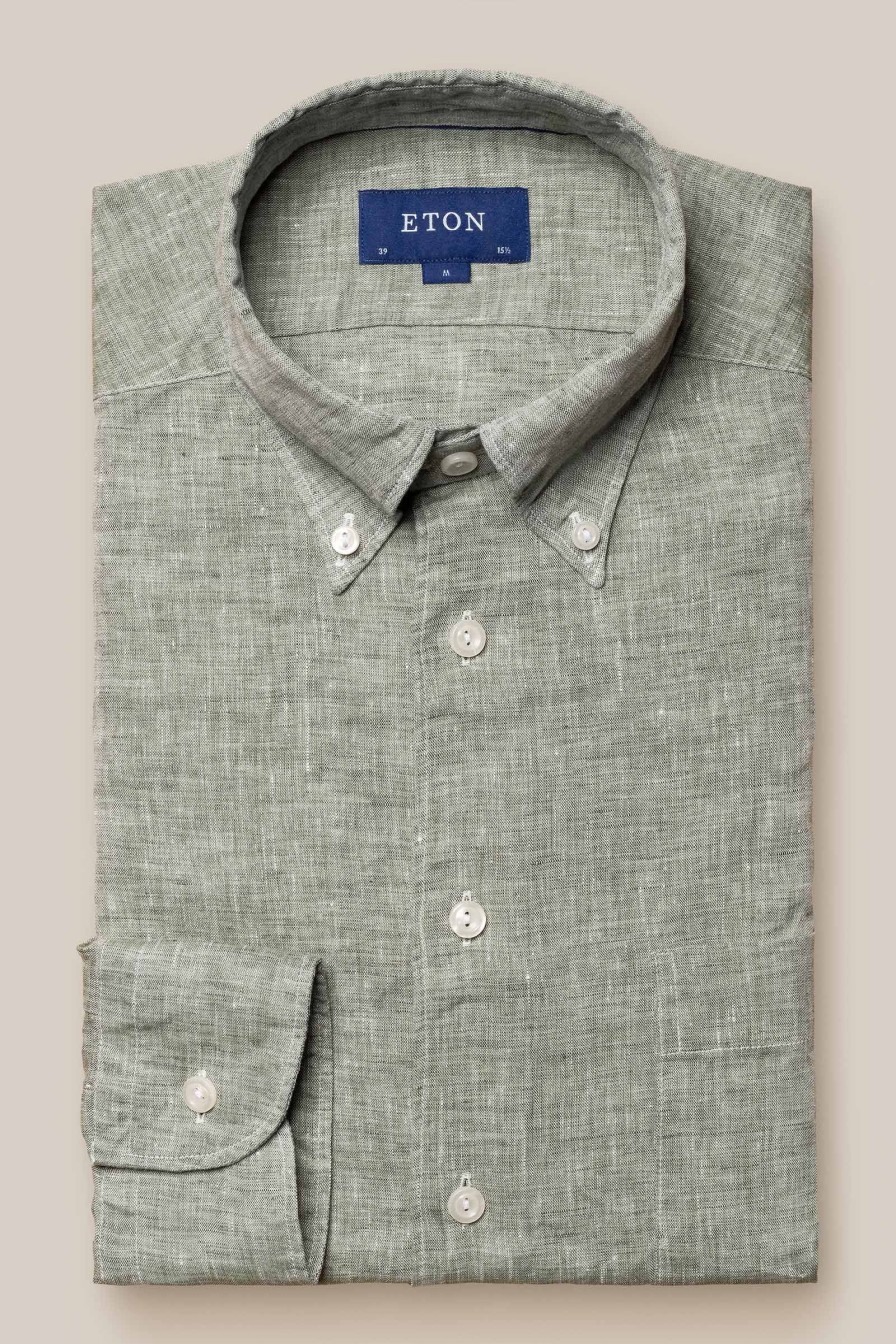 Mann Eton Skjorter | Slim Green Linen Shirt Botton Down,Gronn