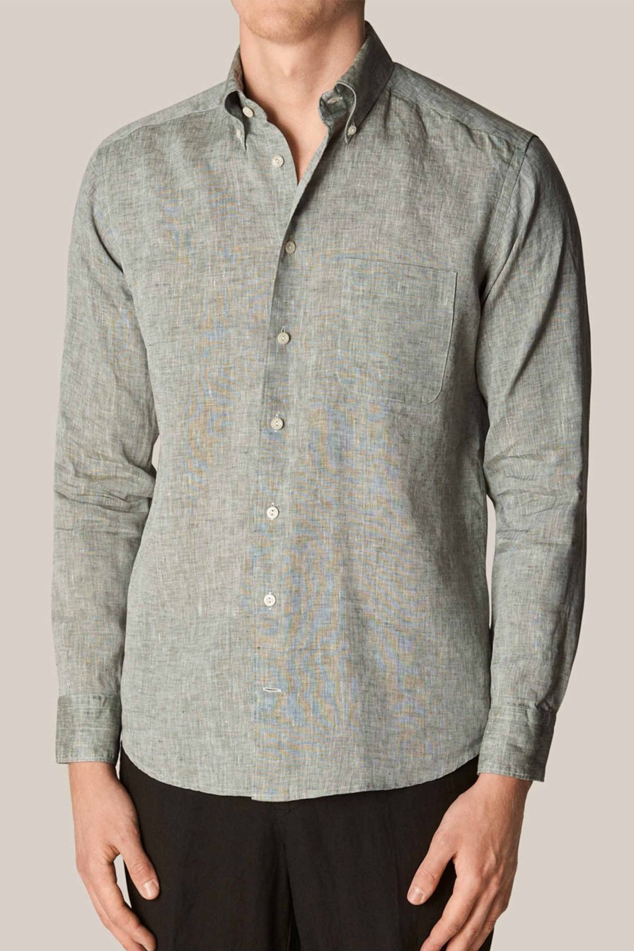 Mann Eton Skjorter | Slim Green Linen Shirt Botton Down,Gronn