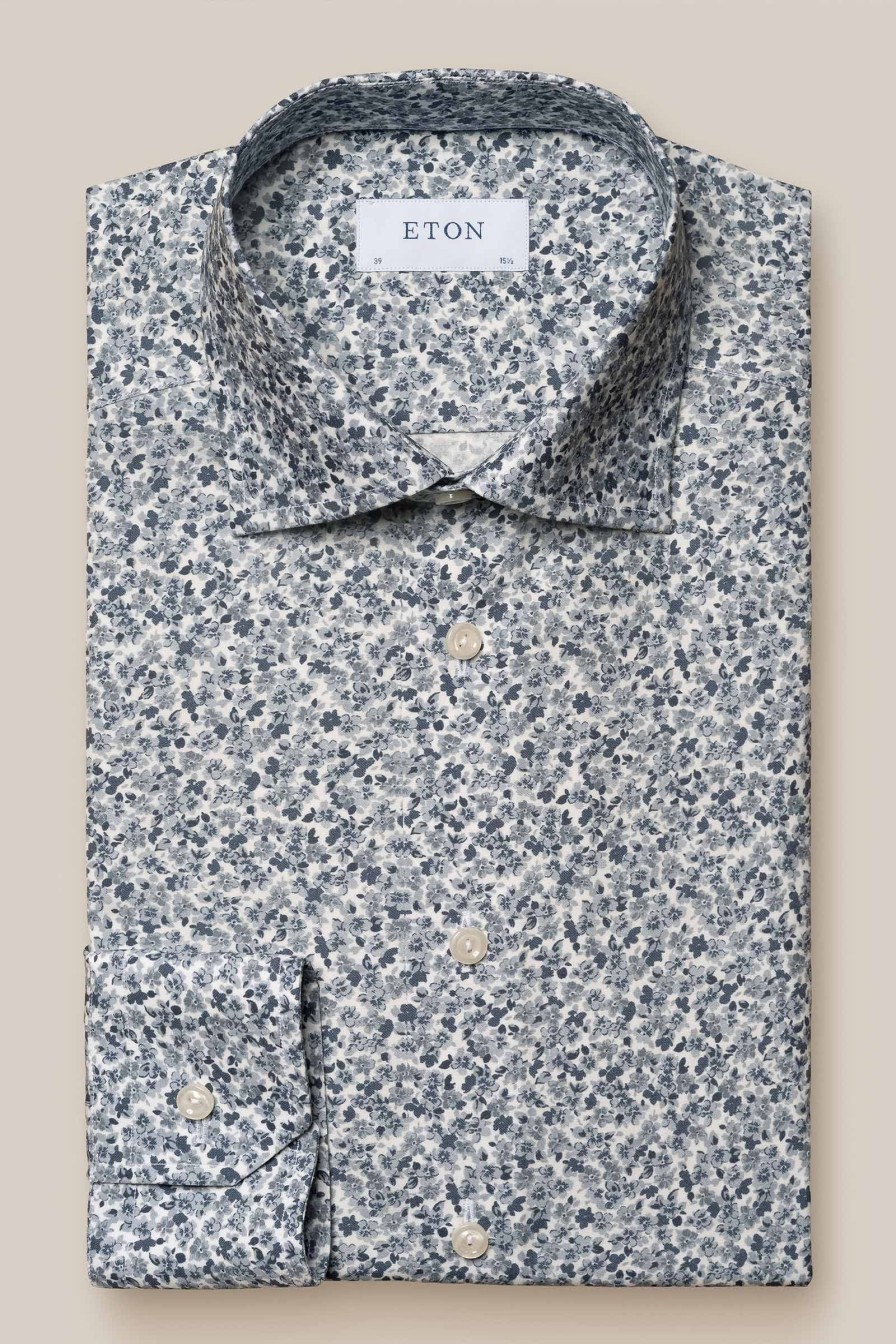 Mann Eton Penskjorter | Contemporary Gray Floral Print Signature Poplin Shirt,Gra Monster